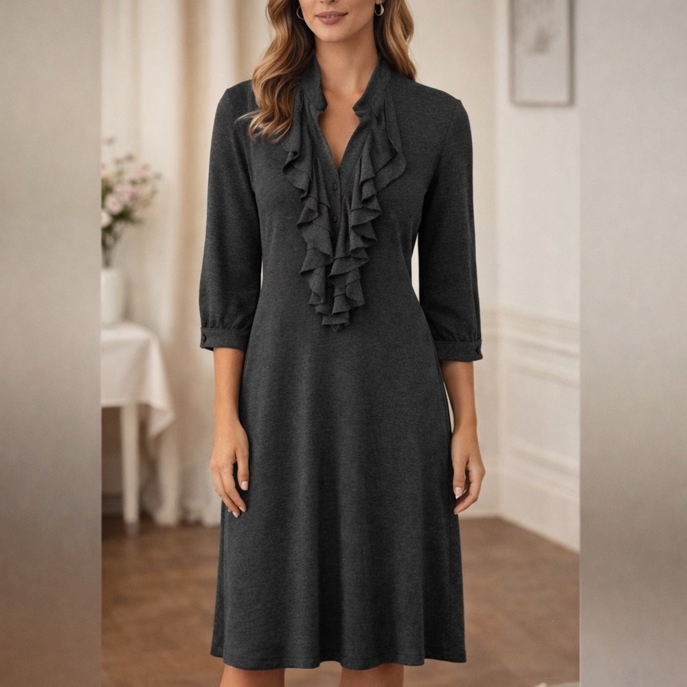 Kate Boggiano Elegant Dark Gray Ruffle Front Dress – Feminine & Flowy Small